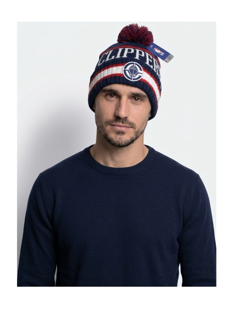 NBA Clippers Navy Red White Pom Knit Beanie
